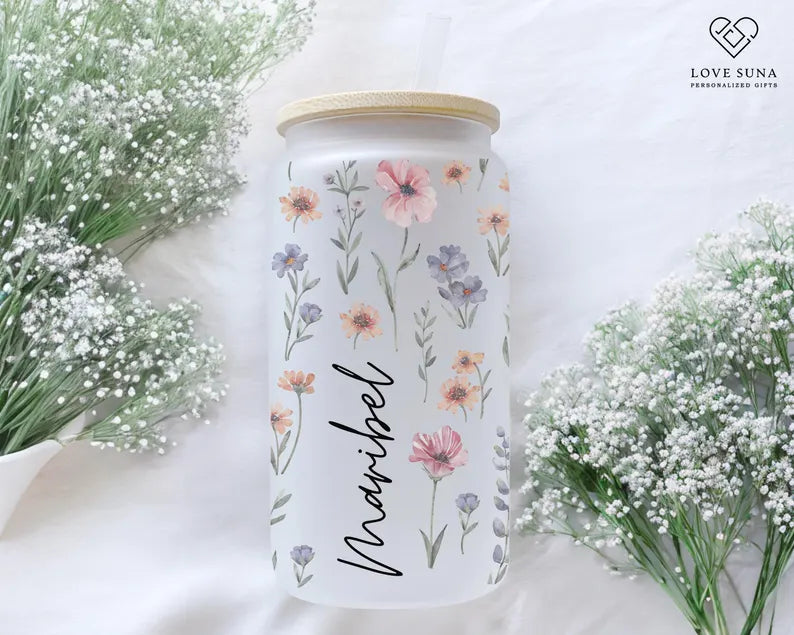 Personalized Wildflower Tumbler – 16oz Glass Cup with Bamboo Lid & Straw