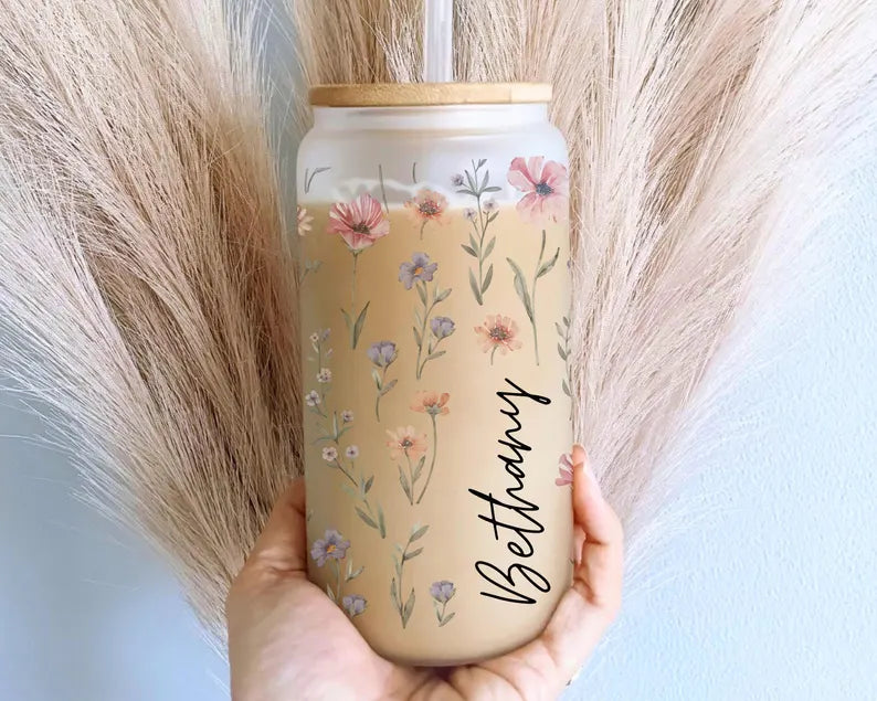 Personalized Wildflower Tumbler – 16oz Glass Cup with Bamboo Lid & Straw
