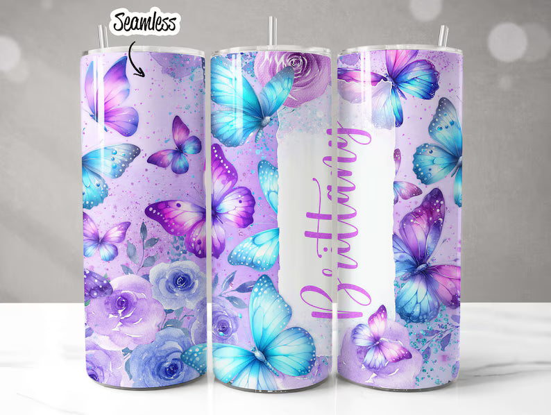 Personalized Butterfly Bliss 20oz Tumbler – Glittery Blue & Purple Skinny Cup with Name 💜🦋