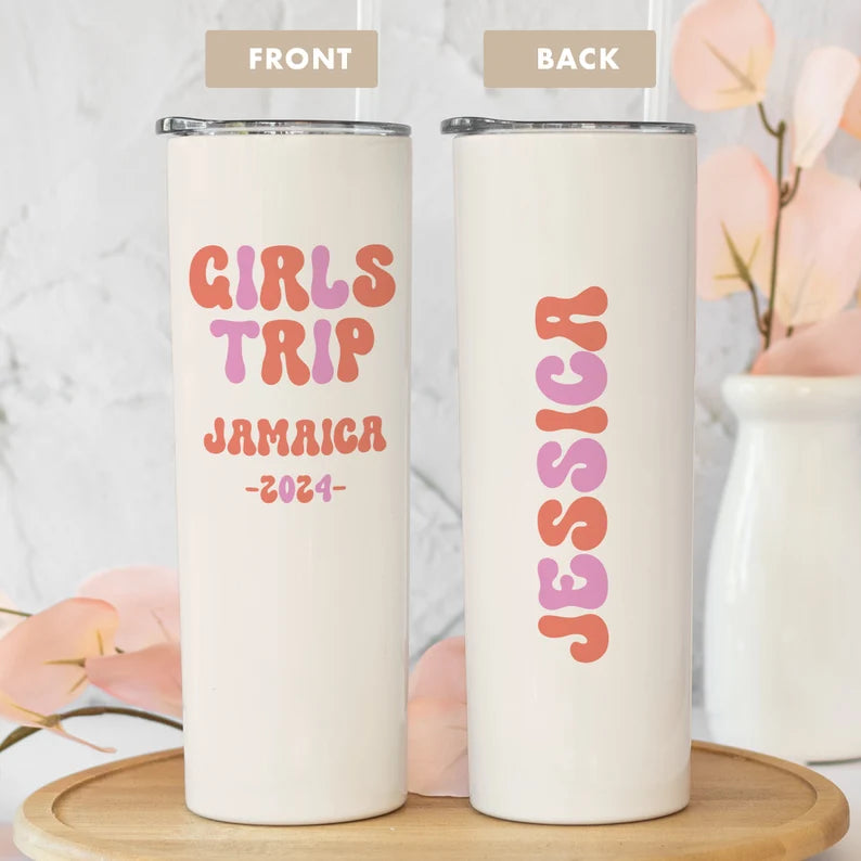 Personalized Girls Trip Tumbler – 20oz Custom Name & Destination Cup