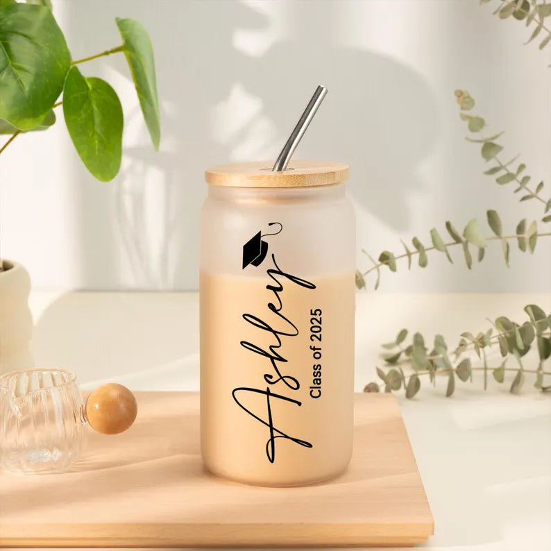 Personalized Graduation Glass Cup – Custom Iced Coffee Cup