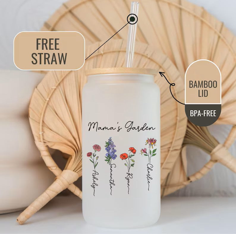 Birth Flower Glass Cup – Personalized 16oz with Name & Lid