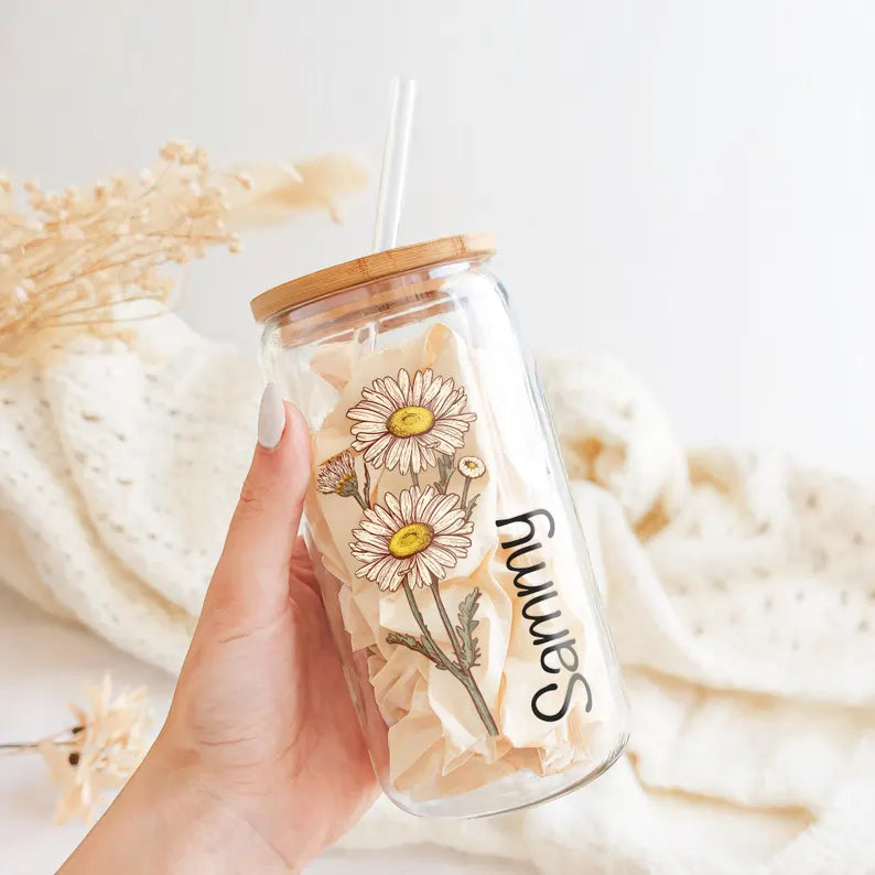 Personalized Birth Flower Glass Cup – 16oz with Name