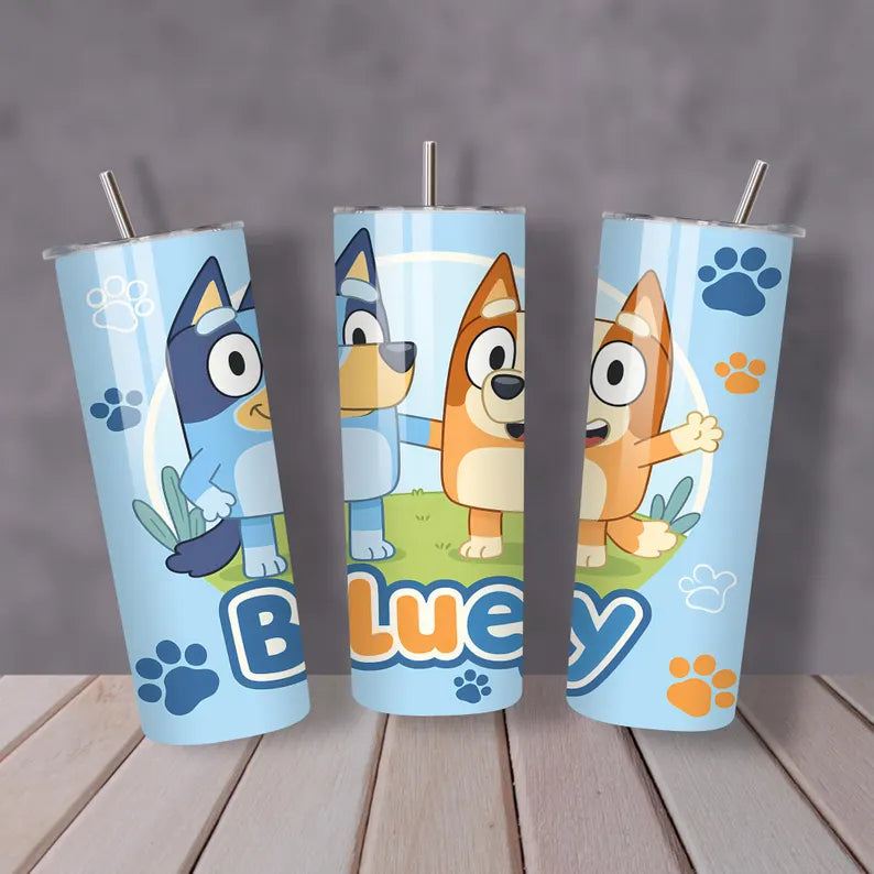 3D Bluey Footprints Tumbler – 20oz Kids Cartoon Dog Cup with Lid & Straw