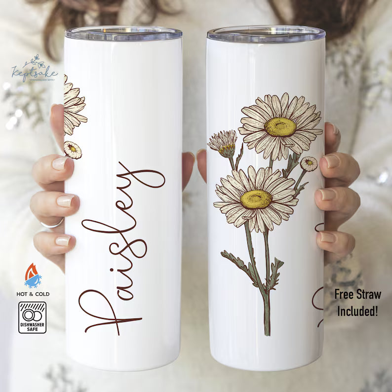 Personalized Birth Flower Skinny Tumbler – Custom Name 20oz Floral Cup