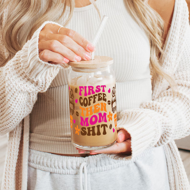 Funny Mom Iced Coffee Glass – “First Coffee, Then Chaos” Cup