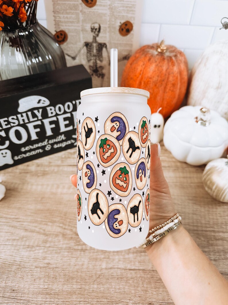 Cute Halloween Glass Cup – 16oz Iced Coffee Cup with Ghost & Cookie Design