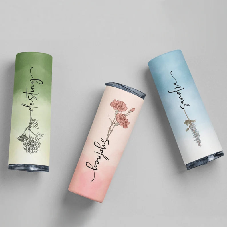 Personalized Birth Flower Tumbler – 20oz Custom Cup with Names & Months