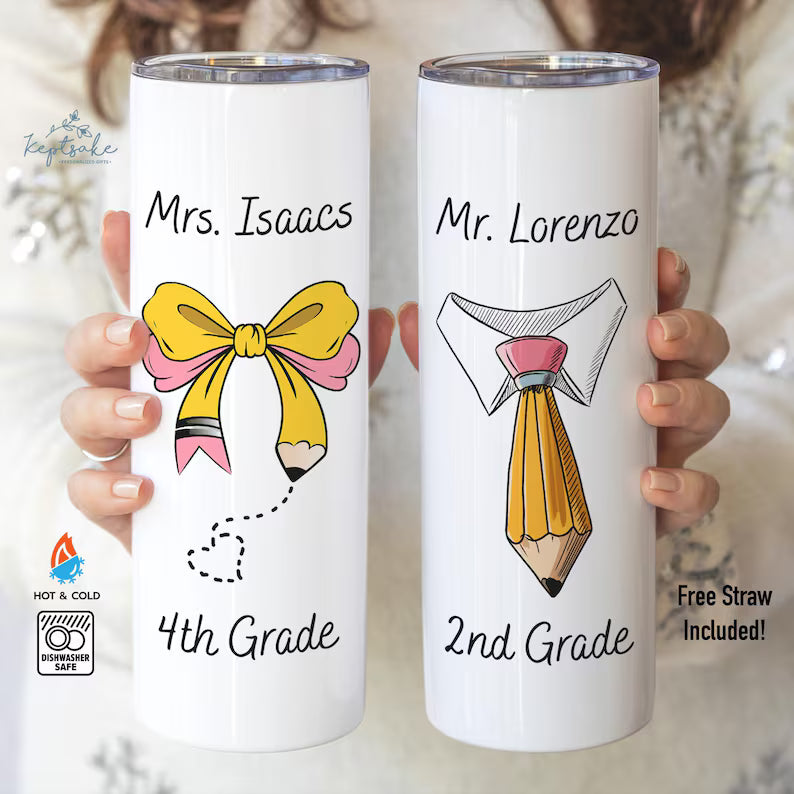 Personalized Teacher Tumbler – 20oz Custom Cup with Name & Colorful School Design
