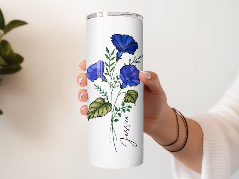 Personalized Birth Flower Skinny Tumbler – Custom Name Floral Cup, 20 oz