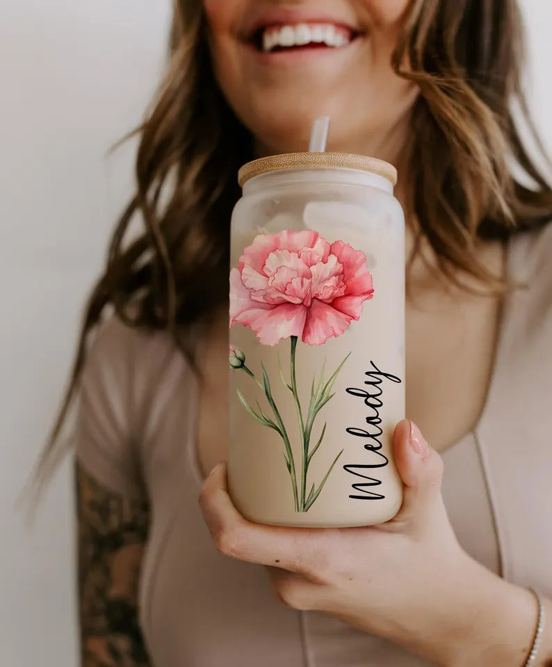 Personalized Birth Flower Coffee Glass – Custom Name Cup