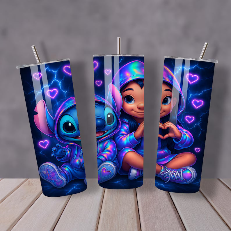 3D Neon Love Lilo & Stitch Tumbler – 20oz Vibrant Couple Gift Cup