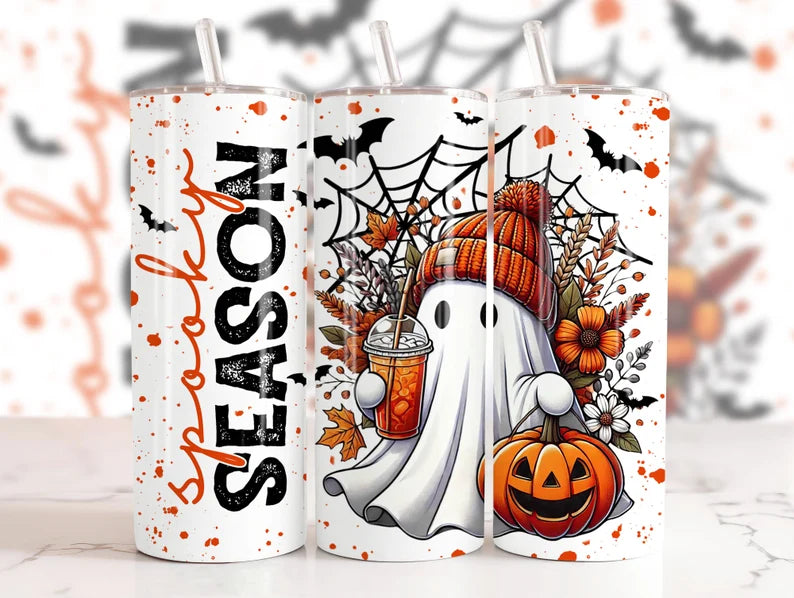 Spooky Season 20 oz Skinny Tumbler – Insulated Cup with Ghost & Pumpkin