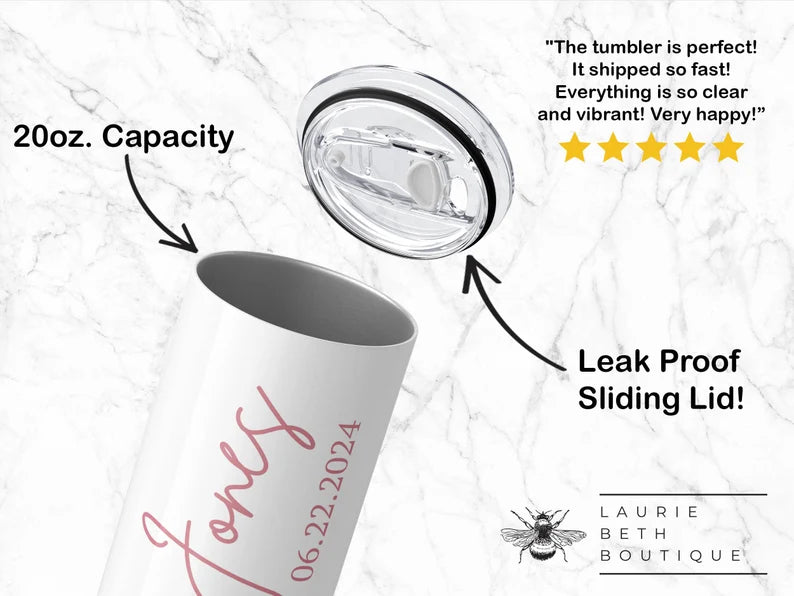 Personalized Bride Tumbler – Custom Wedding Skinny Tumbler with Name & Floral Design