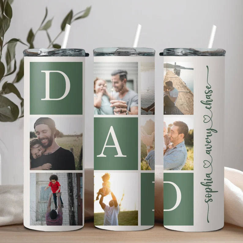 Custom Dad Tumbler with Kids' Photos – Personalized Father’s Day Gift, 20oz Travel Cup with Name & Pictures