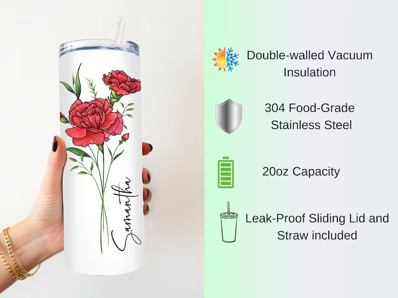 Personalized Birth Flower Skinny Tumbler – Custom Name Floral Cup, 20 oz