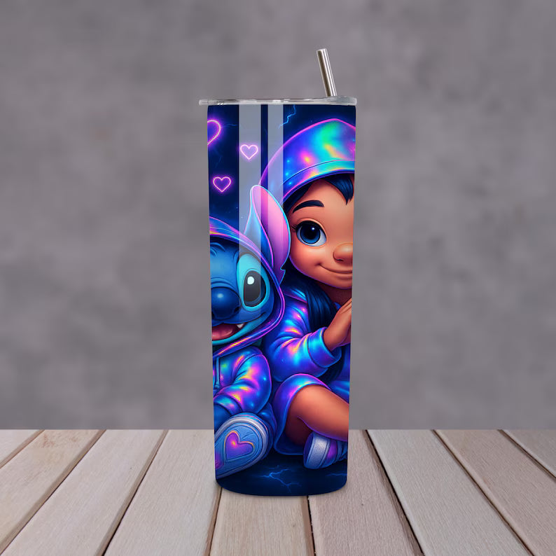 3D Neon Love Lilo & Stitch Tumbler – 20oz Vibrant Couple Gift Cup