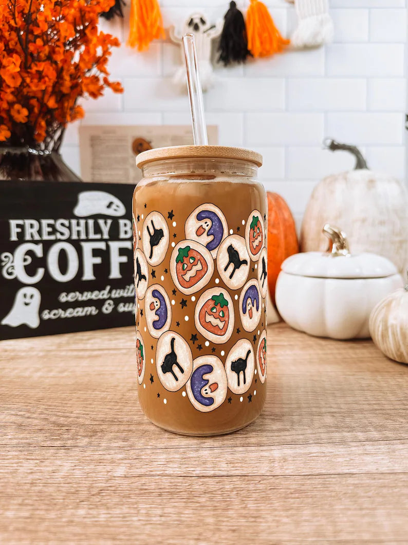 Cute Halloween Glass Cup – 16oz Iced Coffee Cup with Ghost & Cookie Design