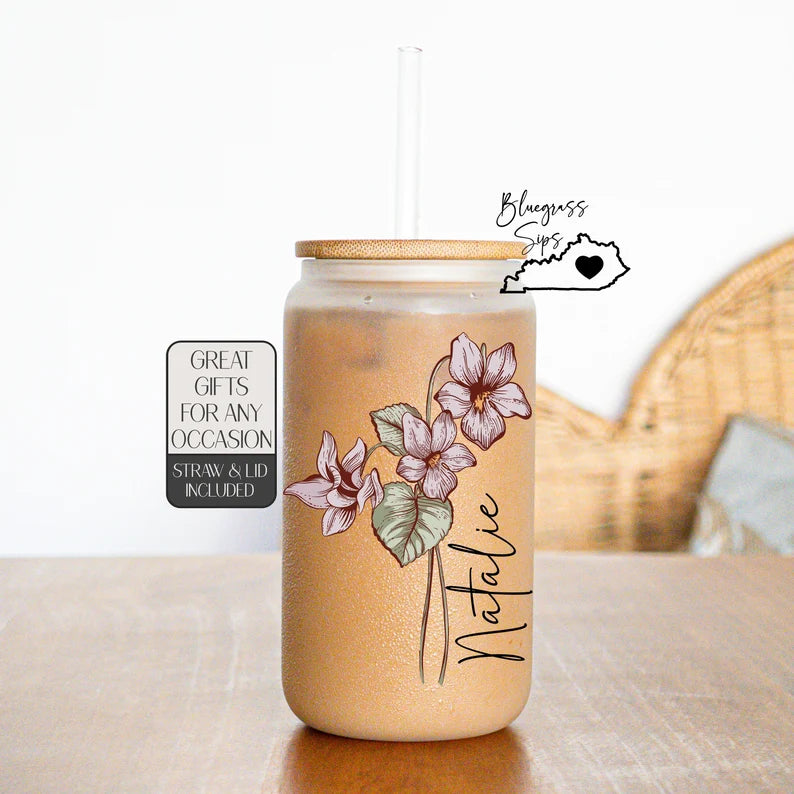 Personalized Birth Flower Glass Cup – Custom Family Tumbler