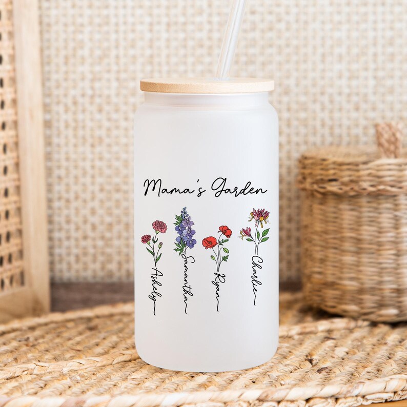 Birth Flower Glass Cup – Personalized 16oz with Name & Lid