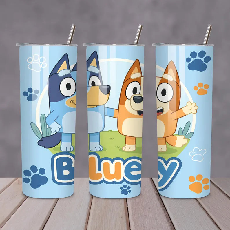 3D Bluey Footprints Tumbler – 20oz Kids Cartoon Dog Cup with Lid & Straw