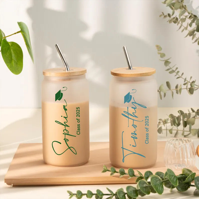 Personalized Graduation Glass Cup – Custom Iced Coffee Cup