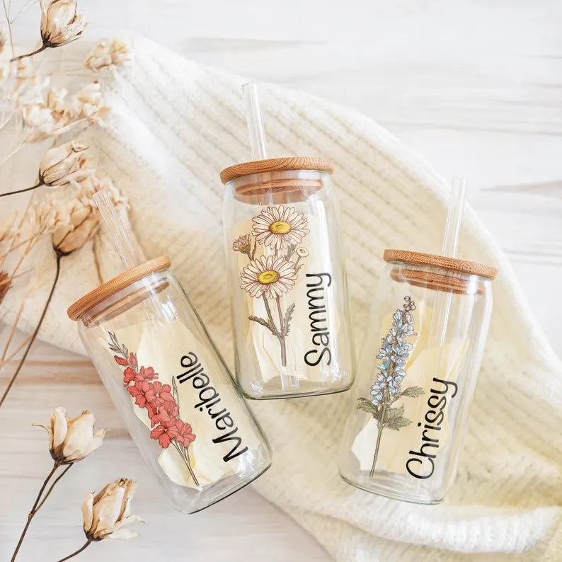 Personalized Birth Flower Glass Cup – 16oz with Name