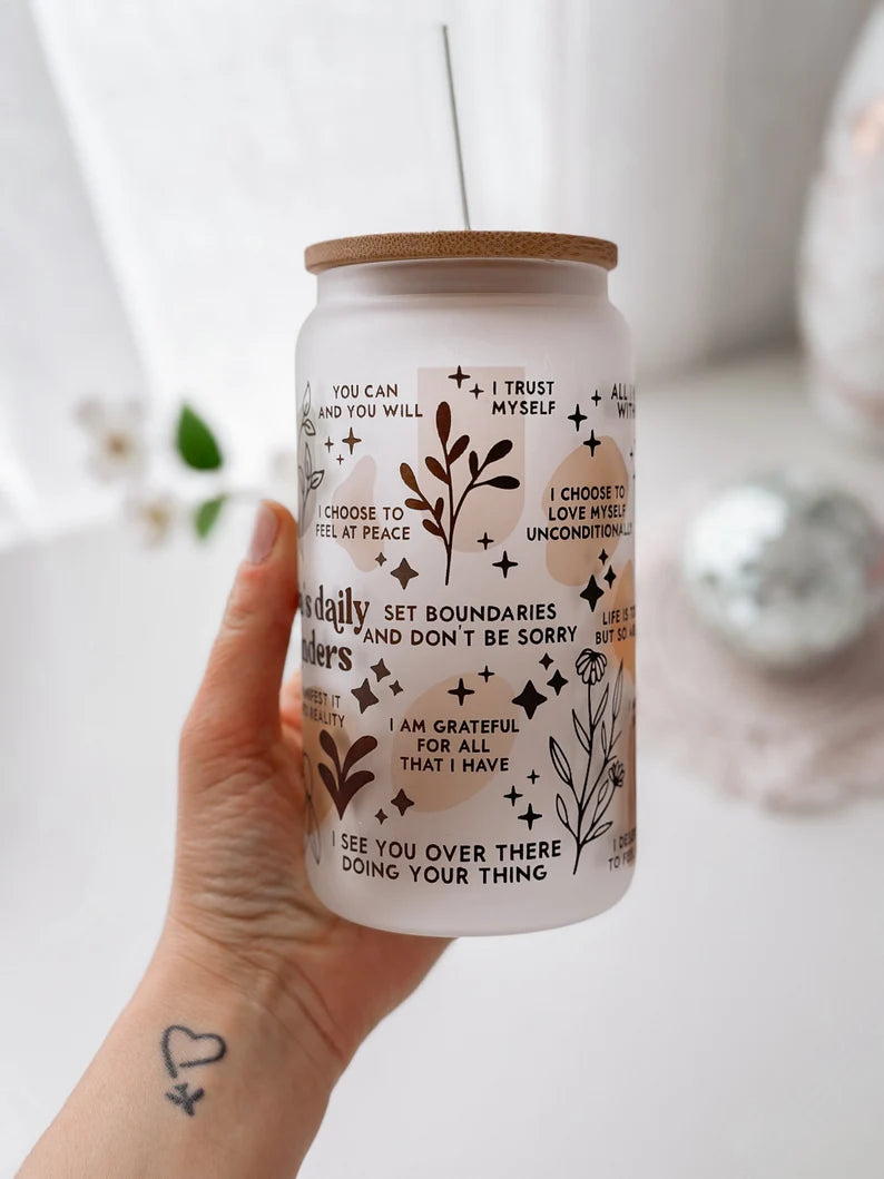 Custom Name Daily Reminder Glass Cup – Motivational Cup