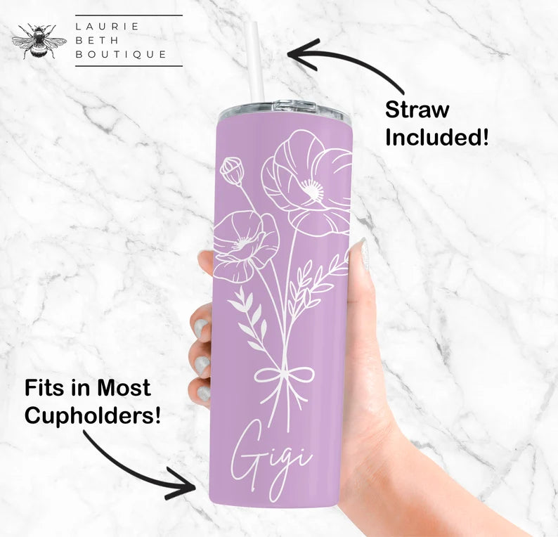 Personalized Grandma Tumbler with Grandkids' Names – Custom Floral Cup for Mother’s Day or Birthday Gift