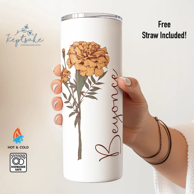 Personalized Slim Tumbler with Birth Flower & Name – 20oz Elegant Custom Cup