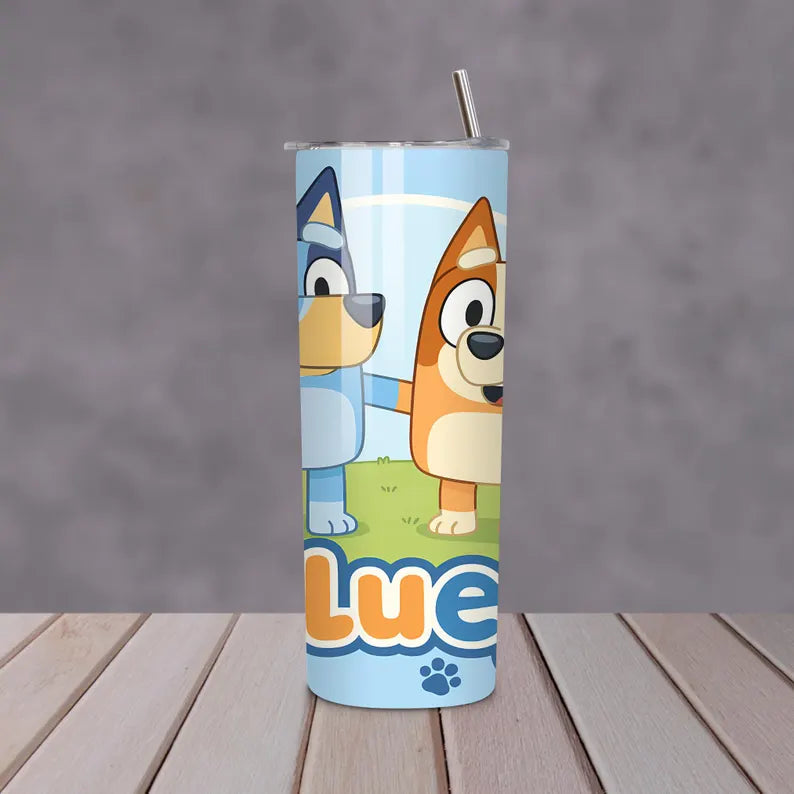 3D Bluey Footprints Tumbler – 20oz Kids Cartoon Dog Cup with Lid & Straw