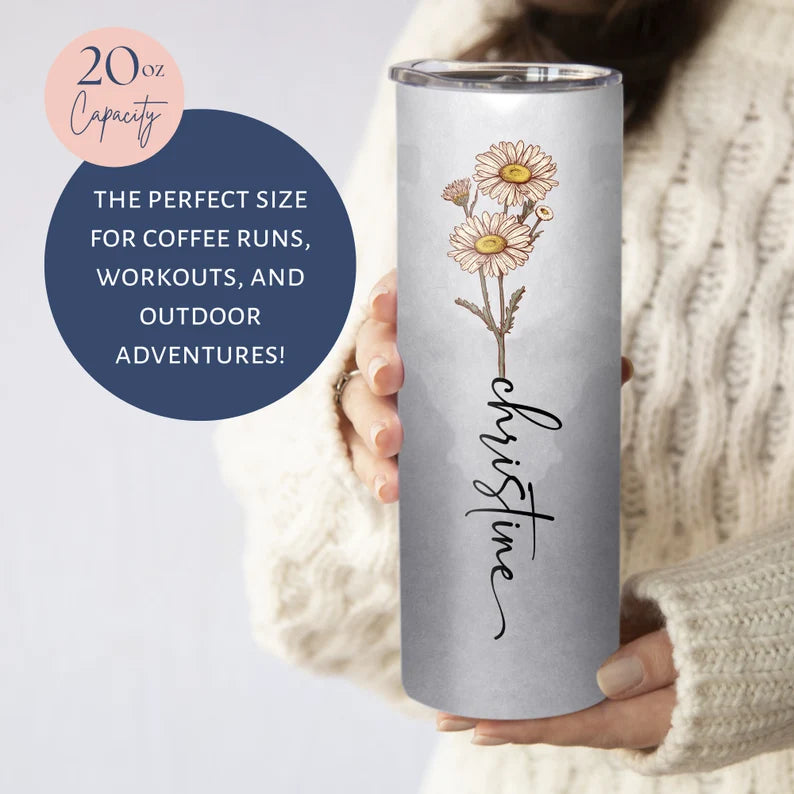 Personalized Birth Flower Tumbler – 20oz Custom Cup with Names & Months