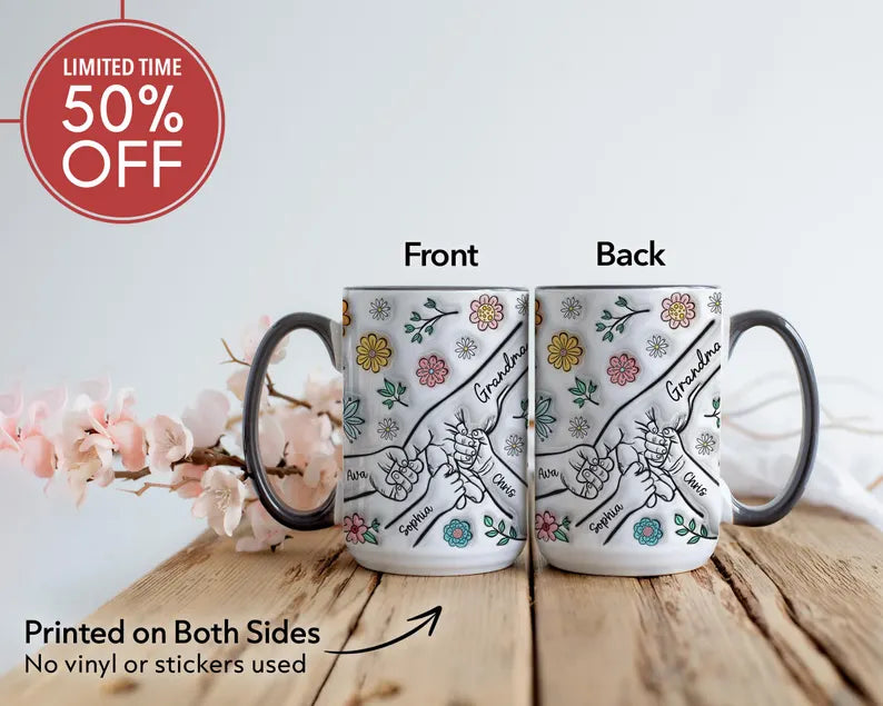 Personalized Grandma Mug – Custom Grandkids Names & Floral Design