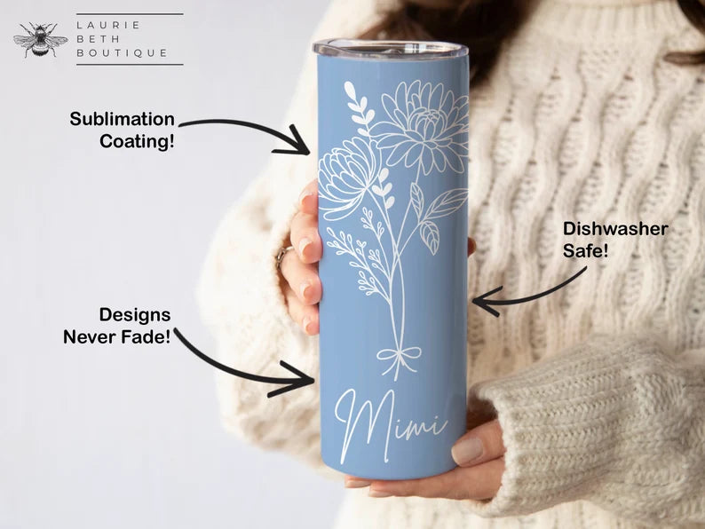 Personalized Grandma Tumbler with Grandkids' Names – Custom Floral Cup for Mother’s Day or Birthday Gift