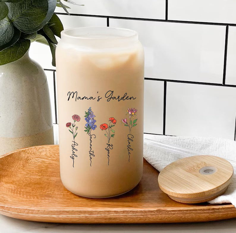 Birth Flower Glass Cup – Personalized 16oz with Name & Lid