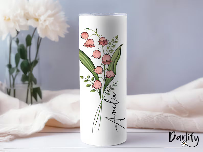 Personalized Birth Flower Skinny Tumbler – Custom Name Floral Cup, 20 oz