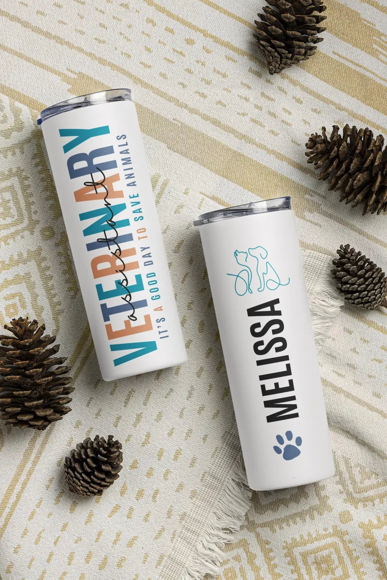 Personalized Vet Assistant Tumbler – Custom Animal Care Cup with Name & Paw Print Design