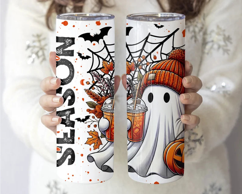 Spooky Season 20 oz Skinny Tumbler – Insulated Cup with Ghost & Pumpkin