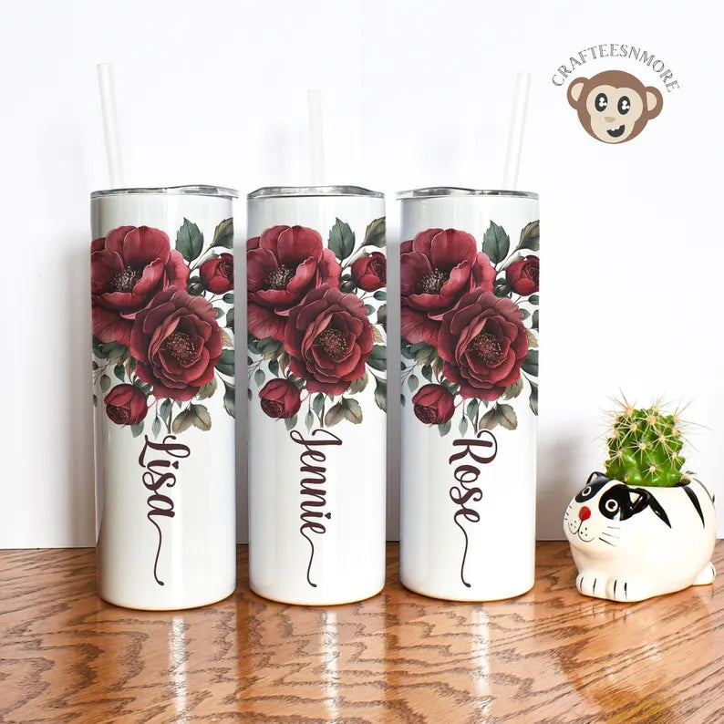 Personalized Rose Tumbler with Name – Elegant Floral Gift for Her