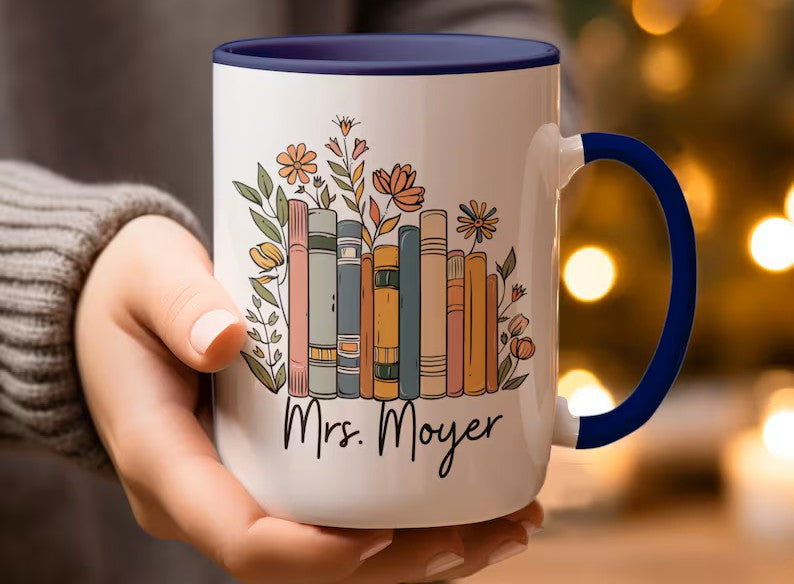 Personalized Floral Book Lover Mug – Custom Name Coffee Cup
