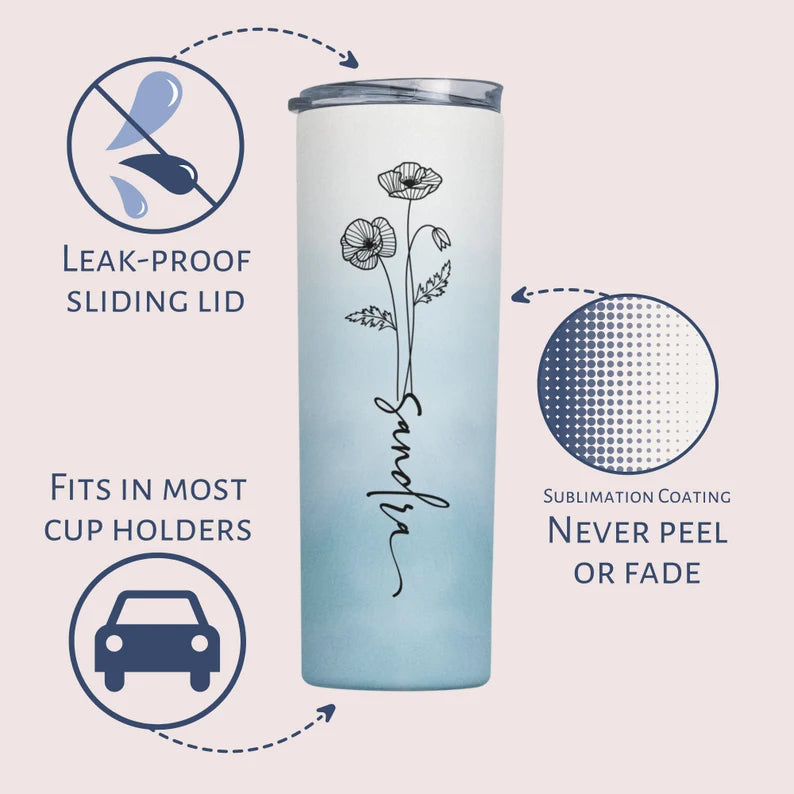 Personalized Birth Flower Tumbler – 20oz Custom Cup with Names & Months
