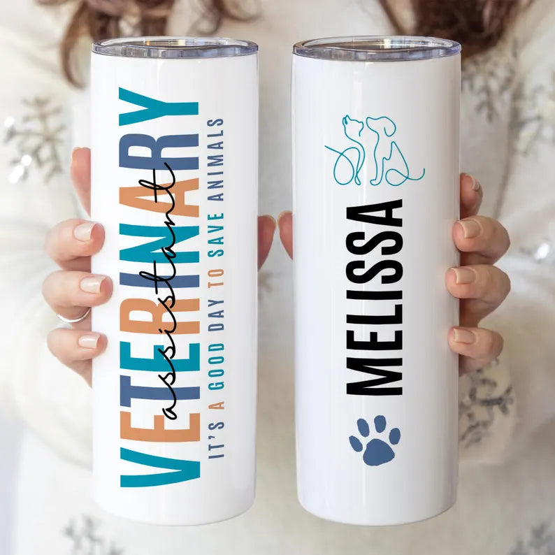 Personalized Vet Assistant Tumbler – Custom Animal Care Cup with Name & Paw Print Design