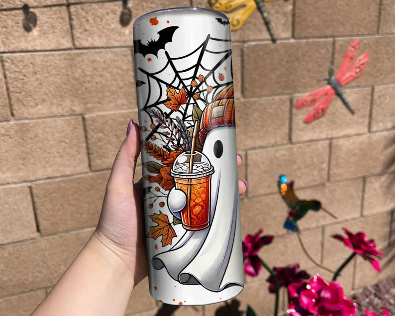Spooky Season 20 oz Skinny Tumbler – Insulated Cup with Ghost & Pumpkin