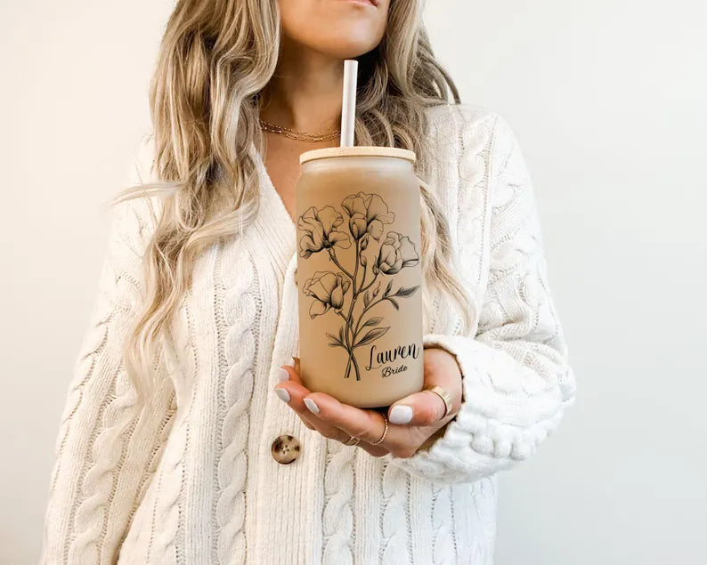Personalized Bridesmaid Proposal Glass Cup – 16oz with Name & Lid