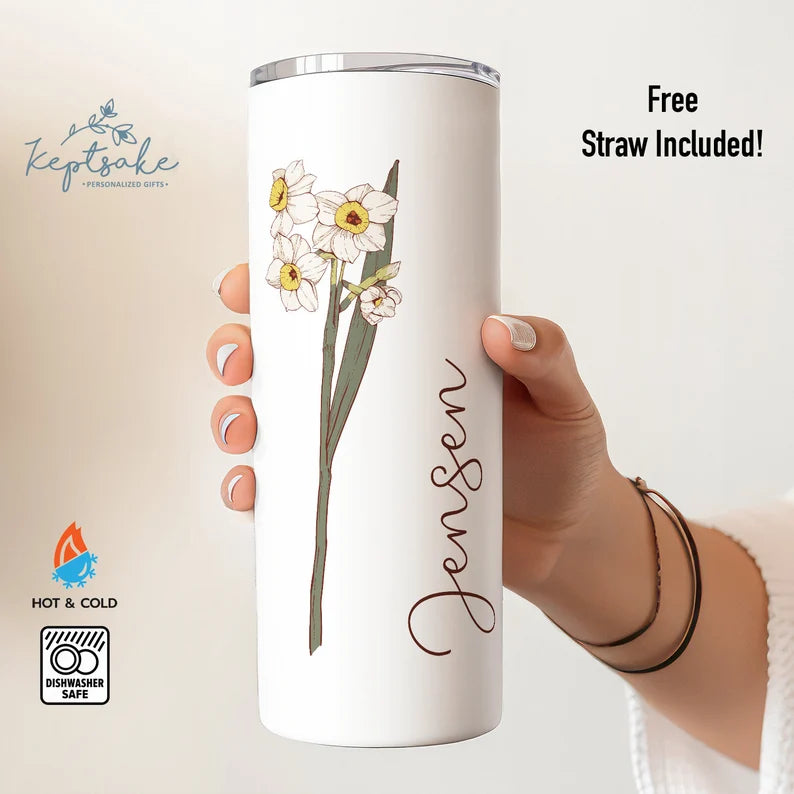 Personalized Slim Tumbler with Birth Flower & Name – 20oz Elegant Custom Cup