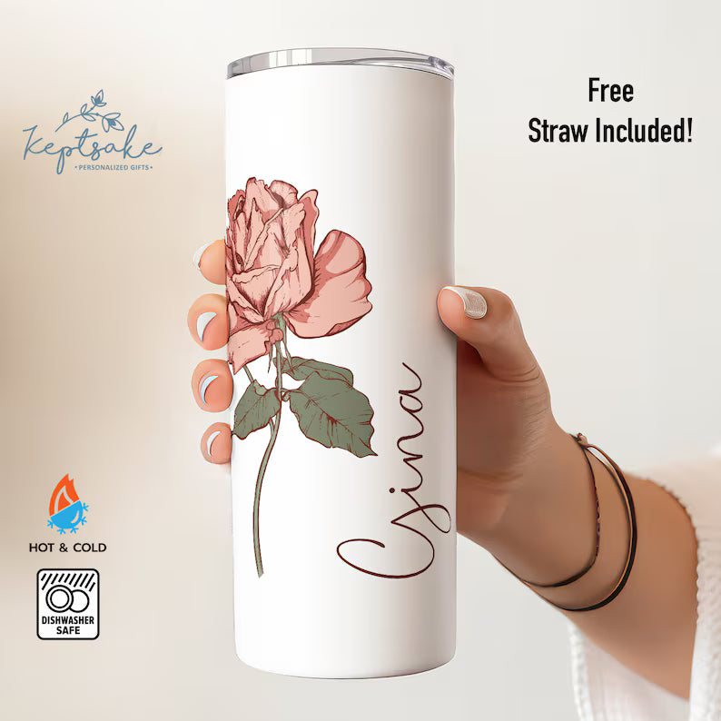 Personalized Birth Flower Skinny Tumbler – Custom Name 20oz Floral Cup