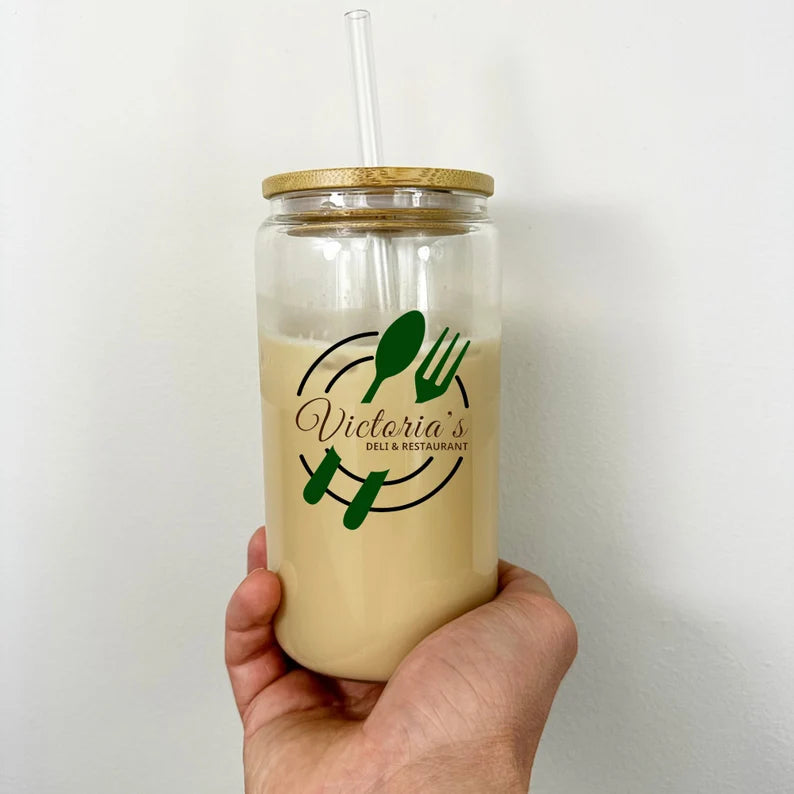Custom Corporate Logo Glass Cup – Personalized Iced Coffee Cup