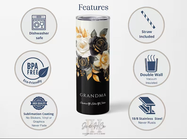 Personalized Grandma Tumbler – 20oz Custom Cup with Names