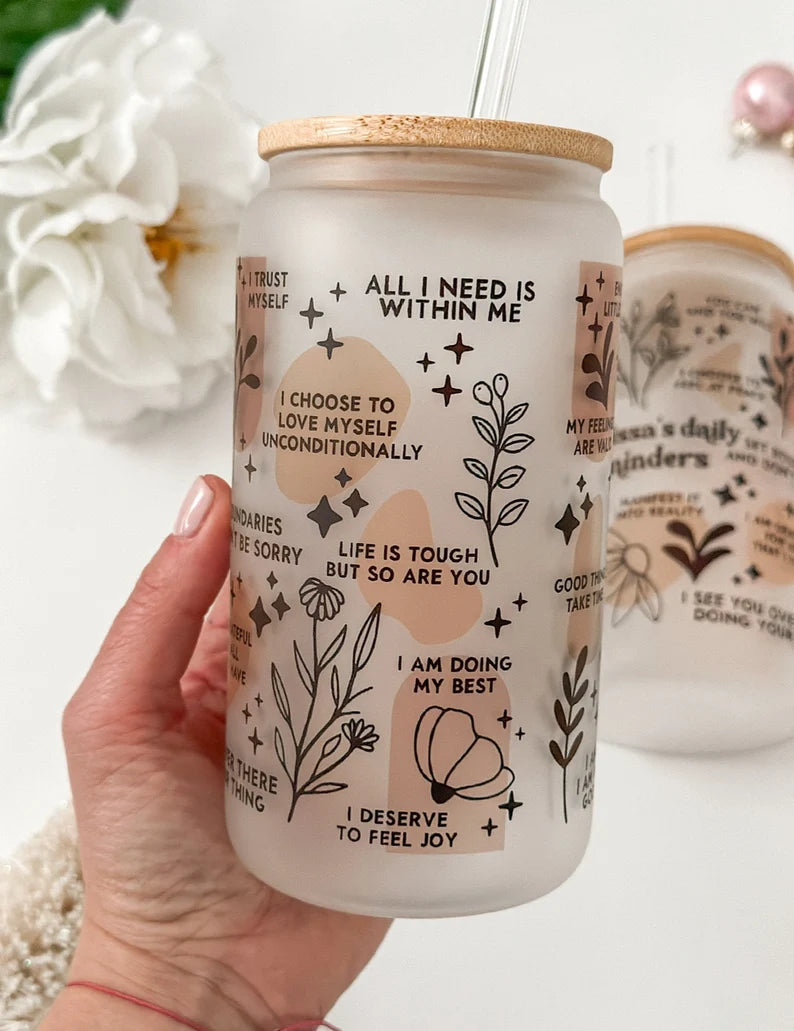 Custom Name Daily Reminder Glass Cup – Motivational Cup