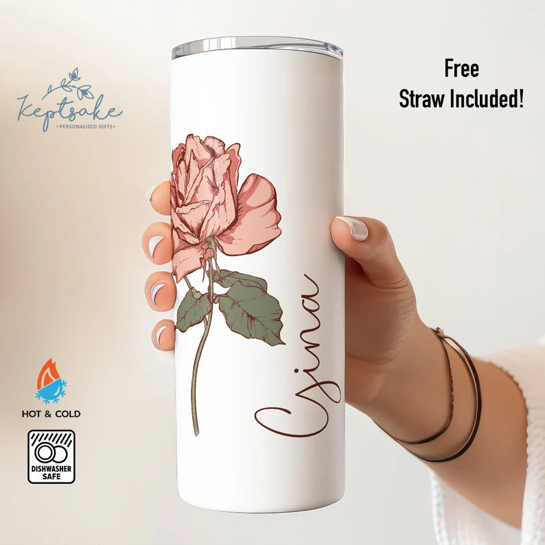 Personalized Slim Tumbler with Birth Flower & Name – 20oz Elegant Custom Cup